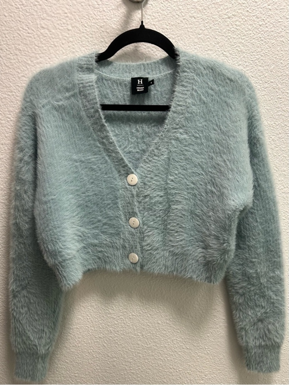 Hidden Brand Fuzzy Cropped Cardigan in Pale Blue